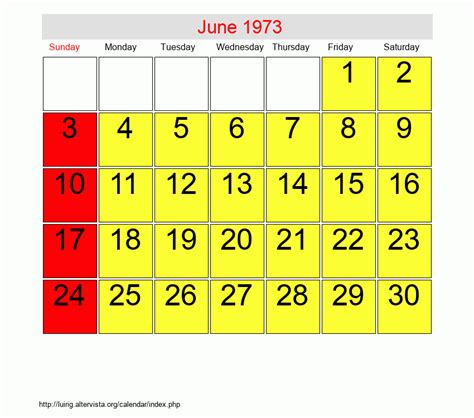 Calendar For June 1973